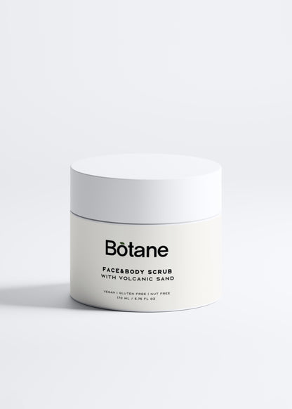Botane face and body scrub jar on a white background